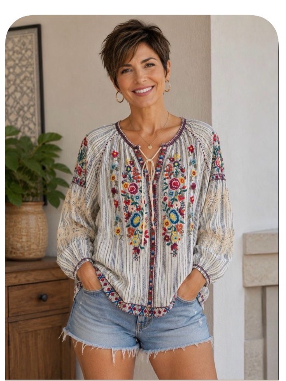 Johnny Was Ivory Embroidered Floral Peasant Blouse